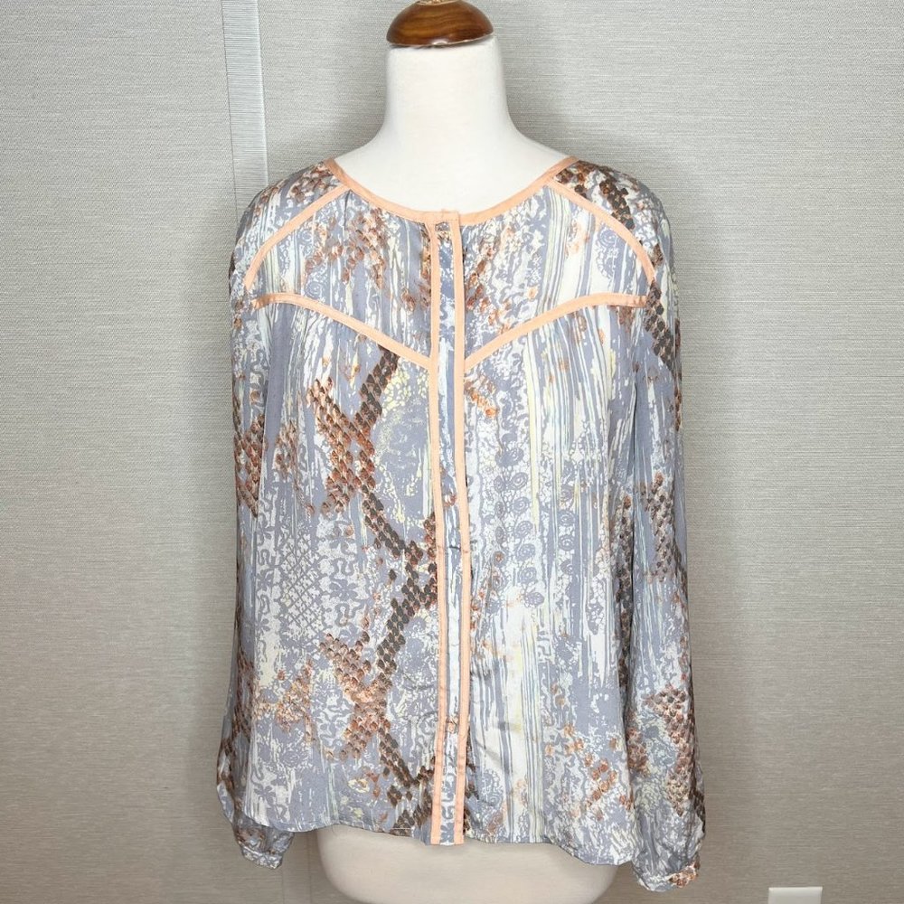 Anthropologie Maeve Silk Blouse Long Sleeve Snap Front Grey & Peach - S
